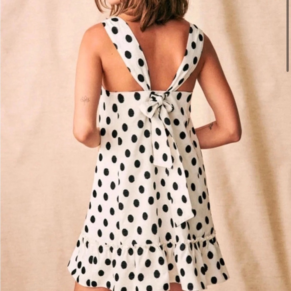 SEZANE Mathilde Mini Dress polka dots ecrue. ruffle Hem. Drop Waist Shift. US4